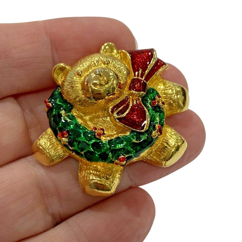 Charming Christmas Brooch Gold Teddy Bear with Green Wreath Festive Pin Gift